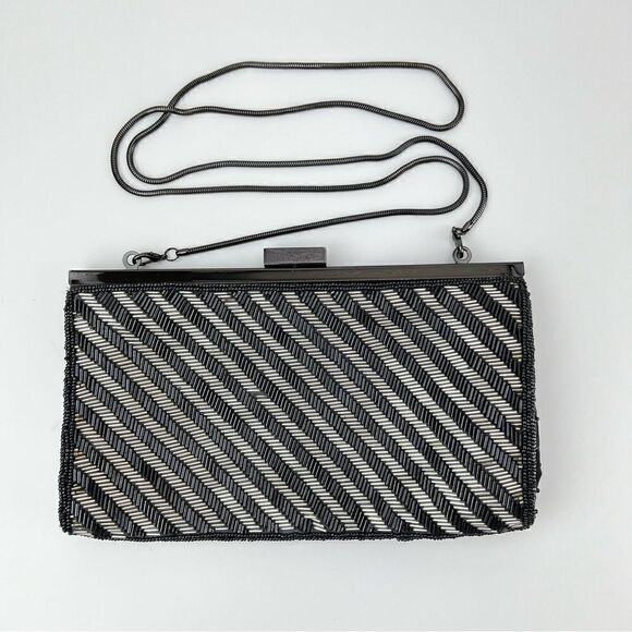 Neiman Marcus Micro Beaded black & silver clutch bag with chain - Picture 1 of 12